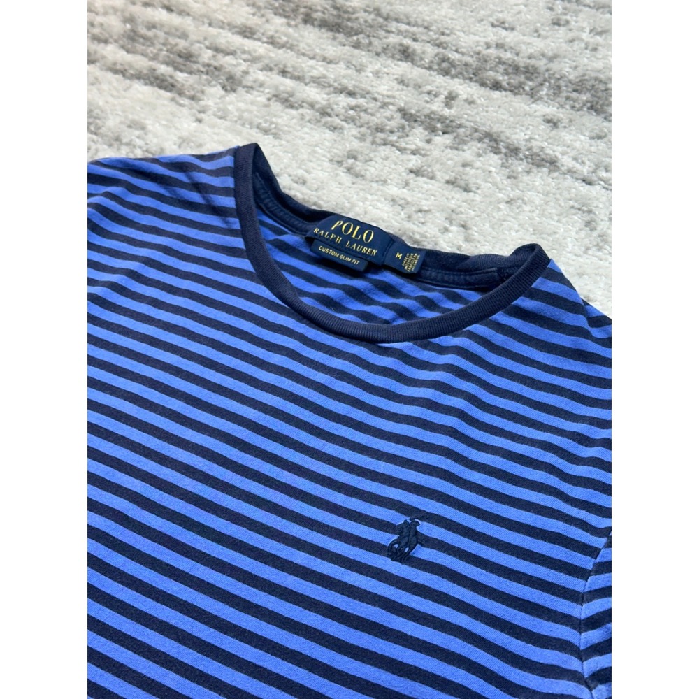 Polo Ralph Lauren T-Shirt Mens M Blue Striped Custom Slim Fit Pony Logo